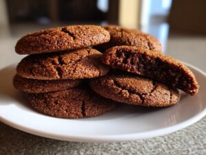 A stack of rich, dark brown soft gingerbread cookies, one broken open to show the chewy interior.