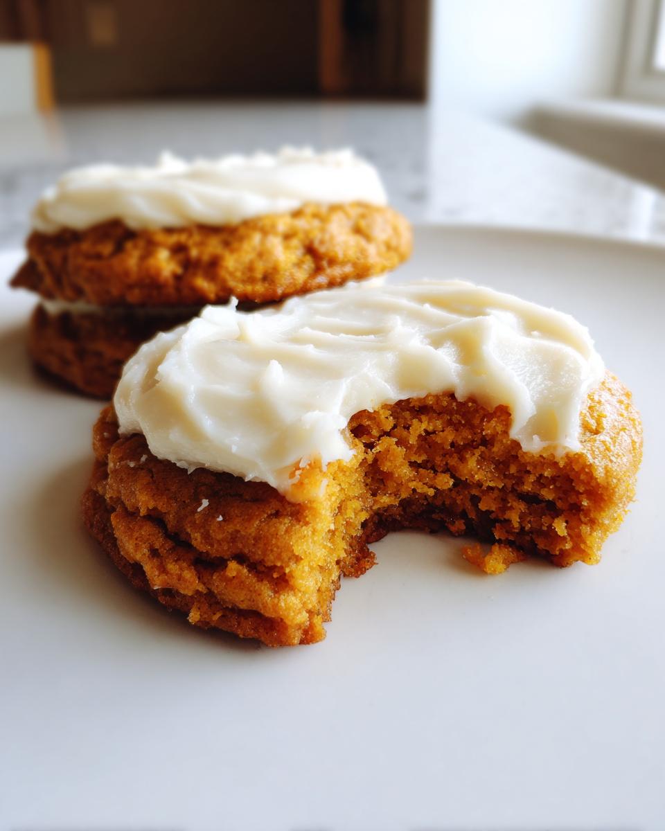 Close-up of a soft pumpkin cookie with a bite taken out, topped with thick cream cheese frosting.