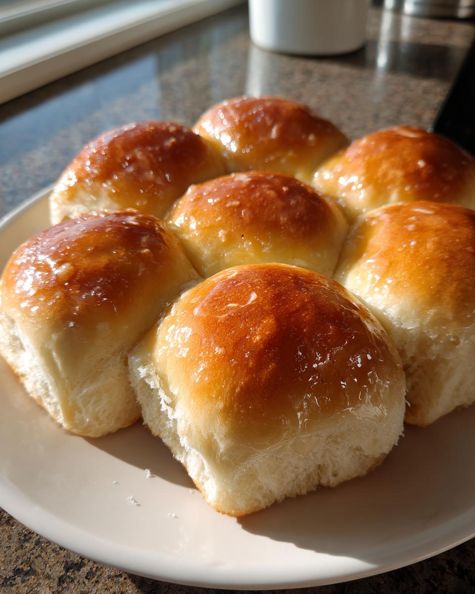 A plate of six golden-brown sourdough discard rolls glistening with a buttery glaze.