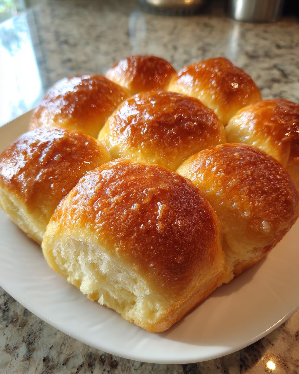 A cluster of soft, golden brown sourdough discard rolls with a shiny butter glaze on a white plate.
