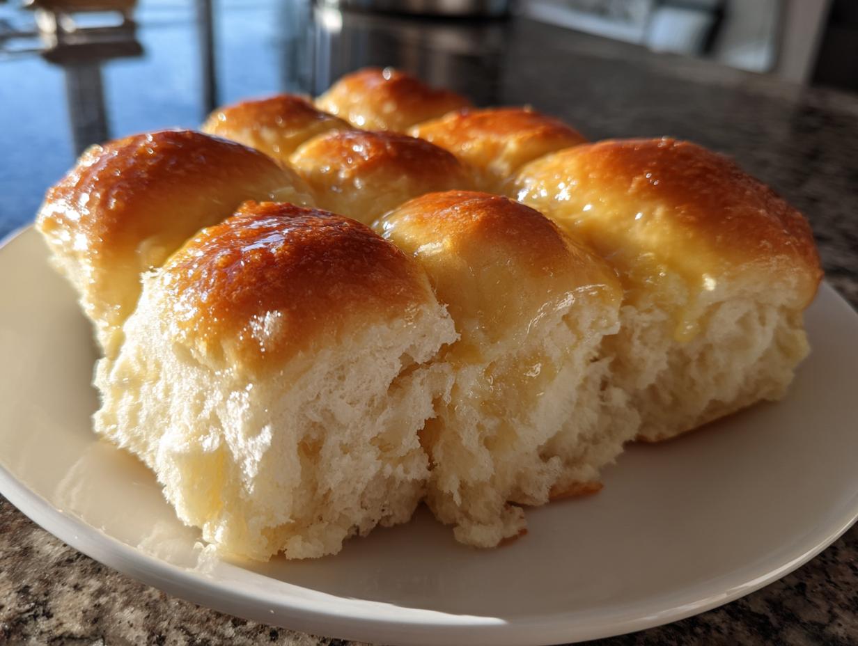 Close-up of soft, pull-apart sourdough discard rolls glistening with a sweet honey butter glaze.