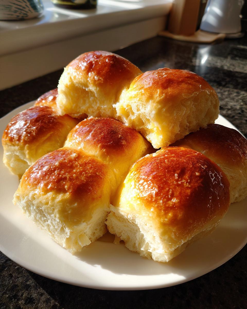 A stack of freshly baked, glossy sourdough discard rolls with a golden brown top, sitting on a white plate.