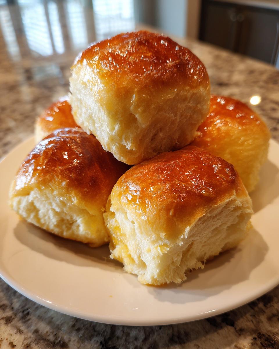 A stack of five glossy, golden-brown sourdough discard rolls on a white plate.