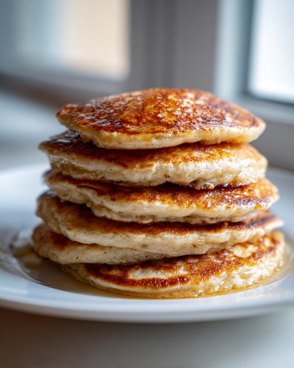 A tall stack of five golden-brown banana pancakes drizzled with syrup on a white plate.