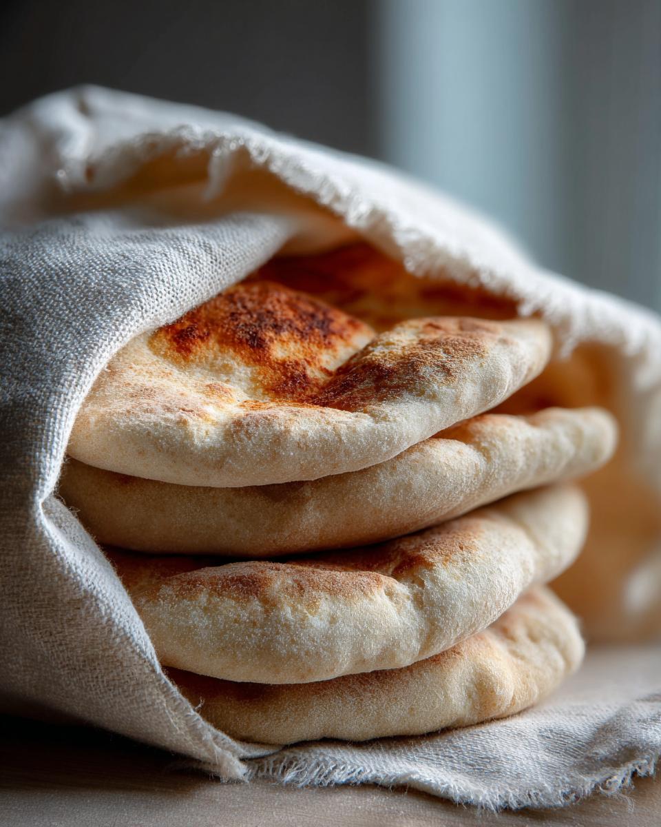 A stack of four freshly baked, slightly browned pita bread rounds wrapped in a light linen cloth.