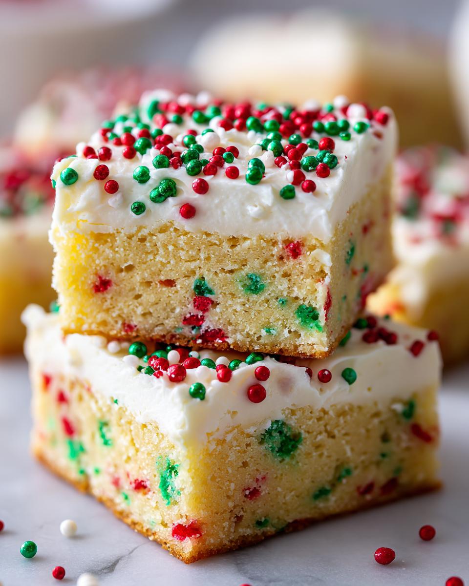 Two stacked squares of Christmas sugar cookie bars topped with white frosting and red and green sprinkles.