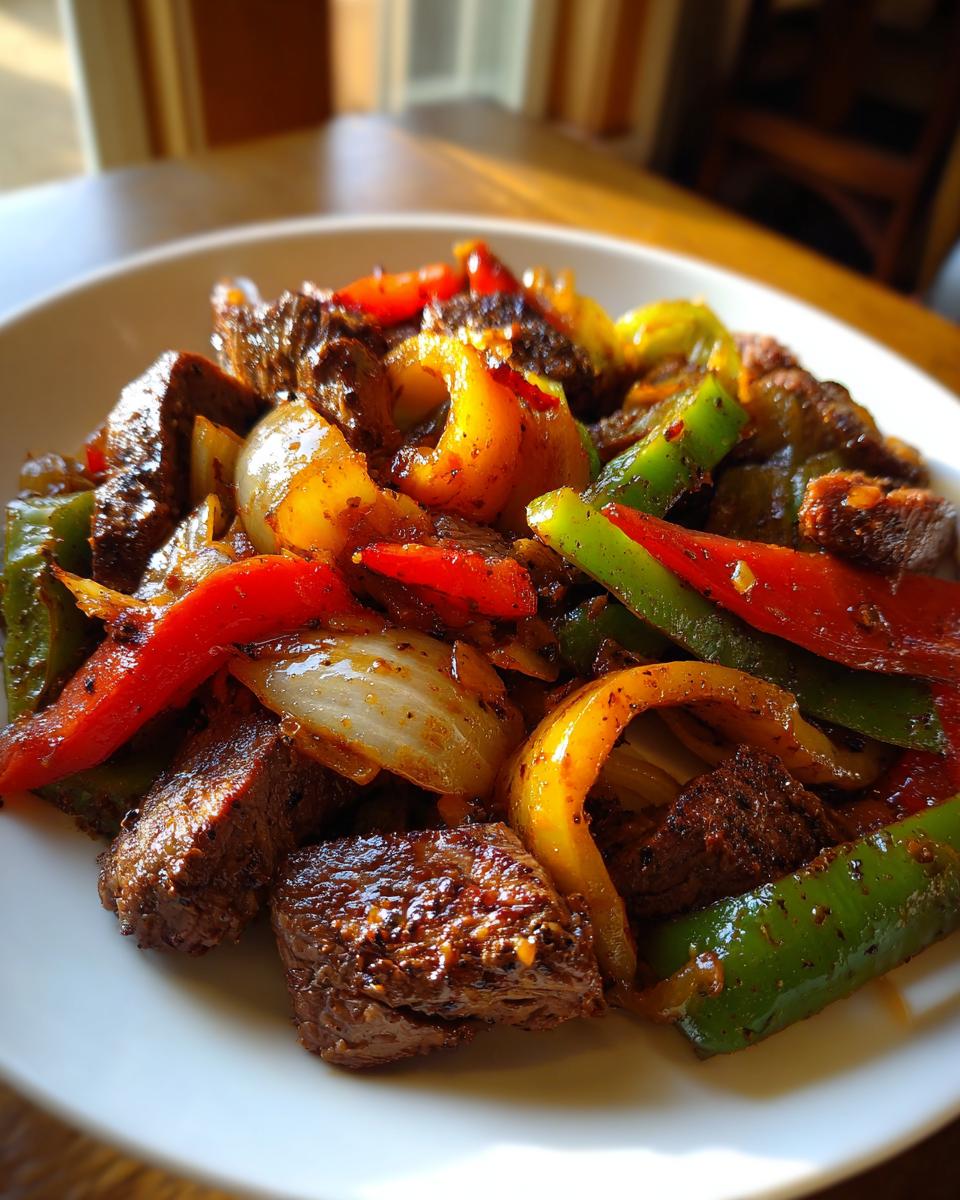 A close-up of perfectly seasoned steak fajitas, featuring seared beef chunks mixed with vibrant red, green, and yellow bell peppers and onions.