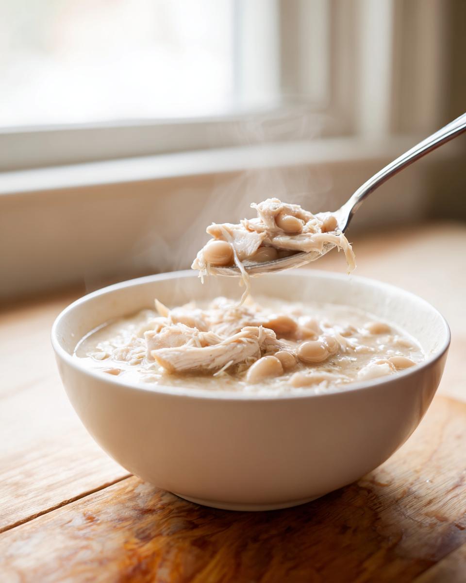 A spoonful of steaming white chicken chili, showing shredded chicken and white beans, lifted from a bowl.