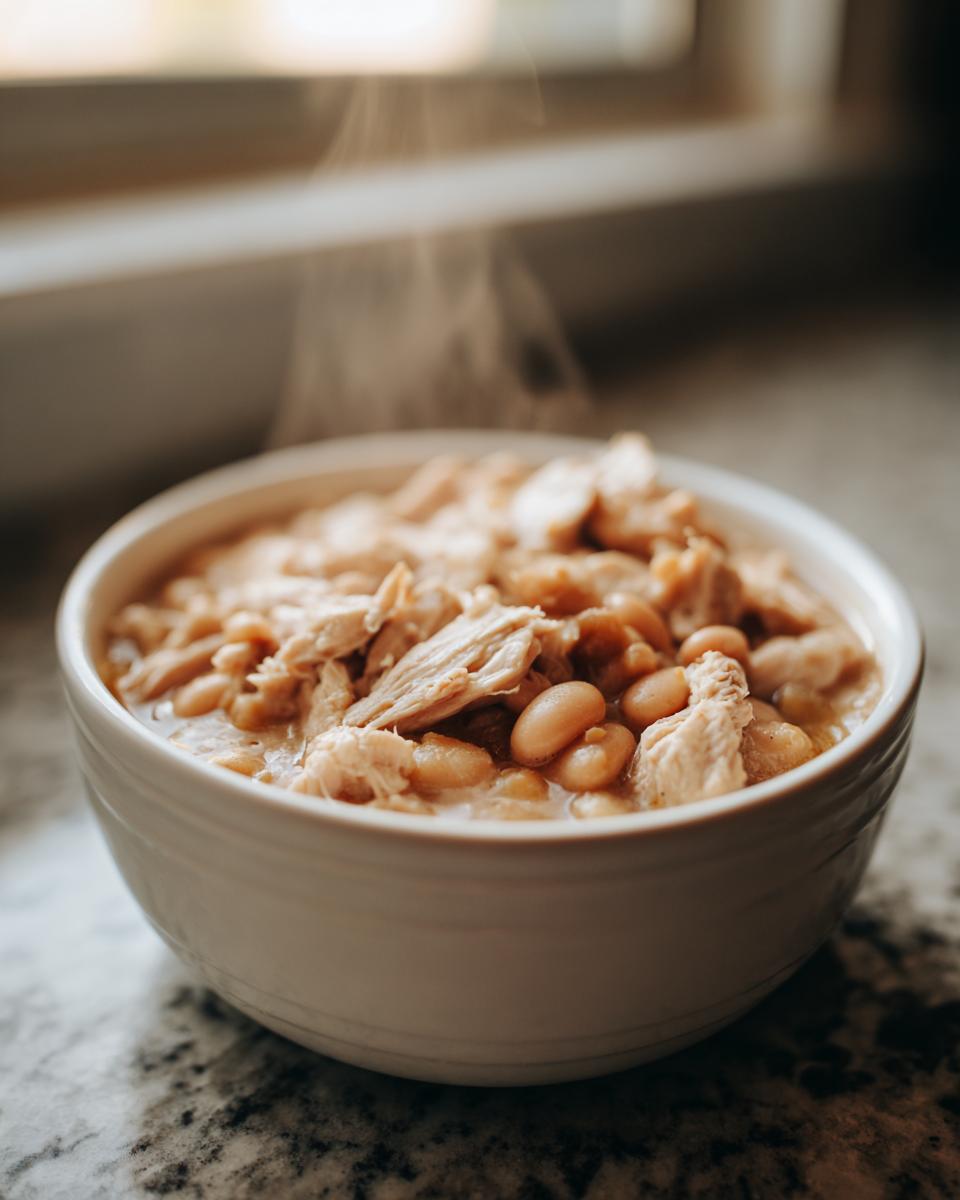 Close-up of a steaming white bowl filled with hot crockpot white chicken chili, featuring shredded chicken and white beans.