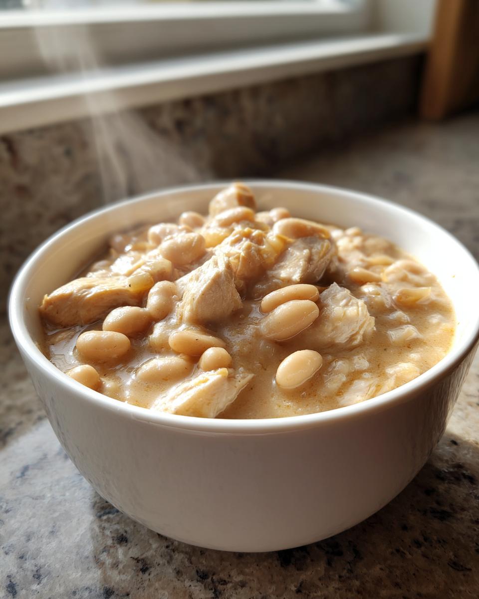 Close-up of a white bowl filled with steaming crockpot white chicken chili featuring chunks of chicken and white beans.