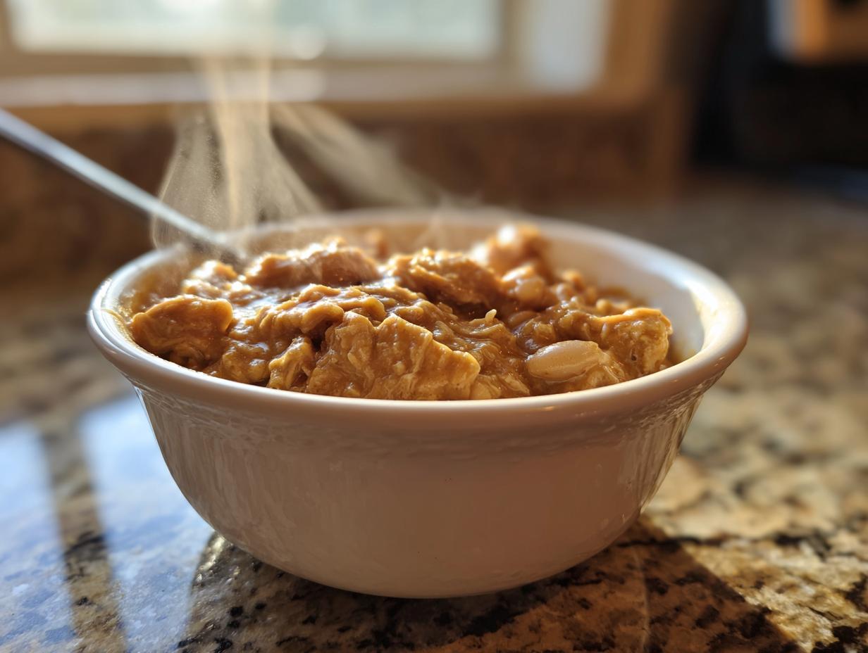 Close-up of a steaming white bowl filled with thick crockpot white chicken chili, resting on a granite countertop.