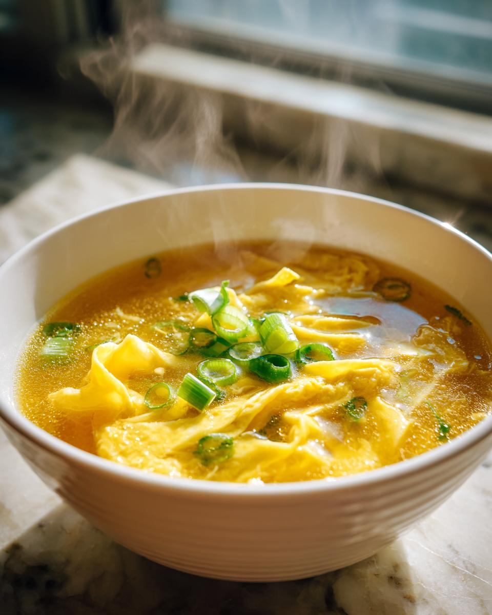 A close-up of a steaming white bowl filled with golden egg drop soup, garnished with fresh green onions.
