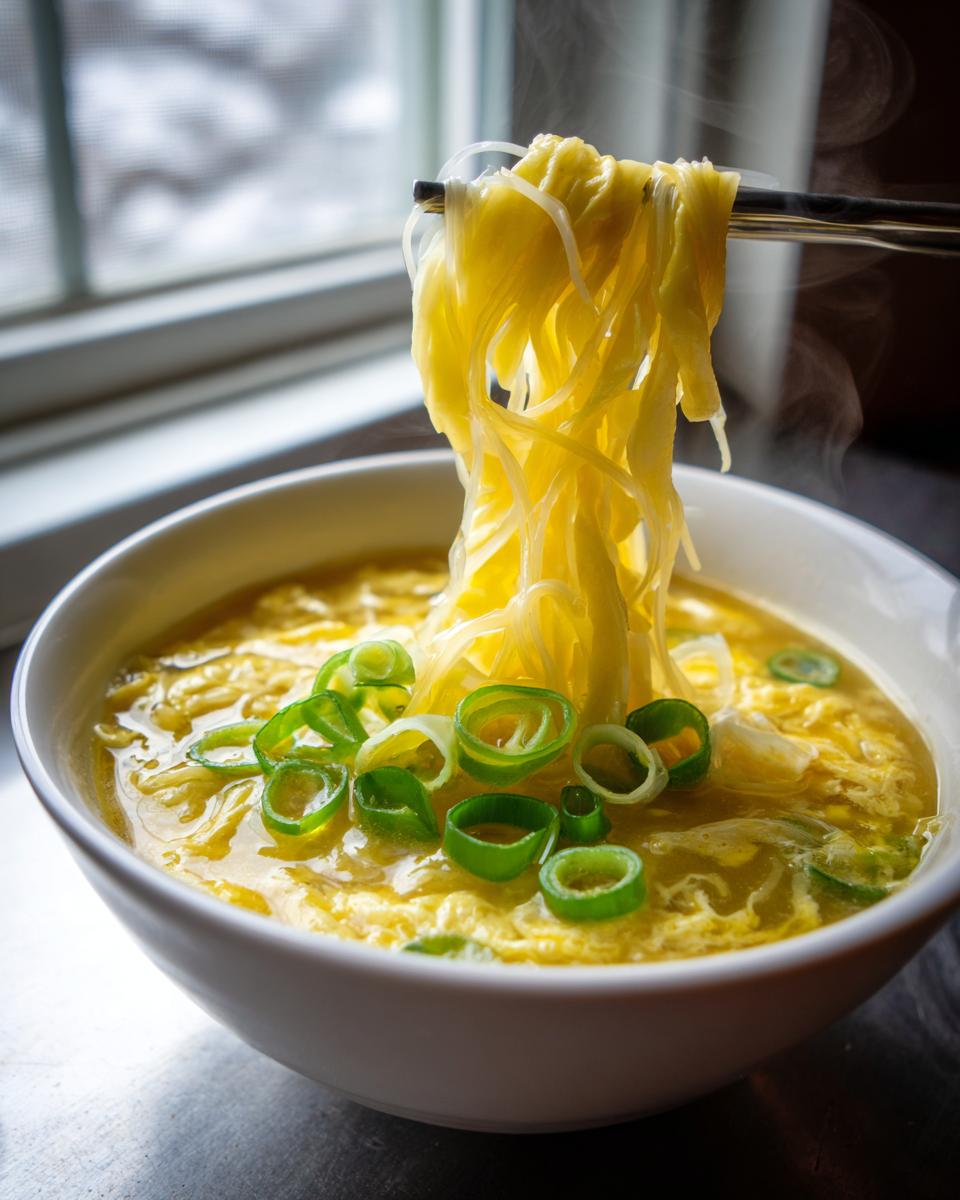 A close-up of steaming egg drop soup, with noodles being lifted out by chopsticks, garnished with green onions.