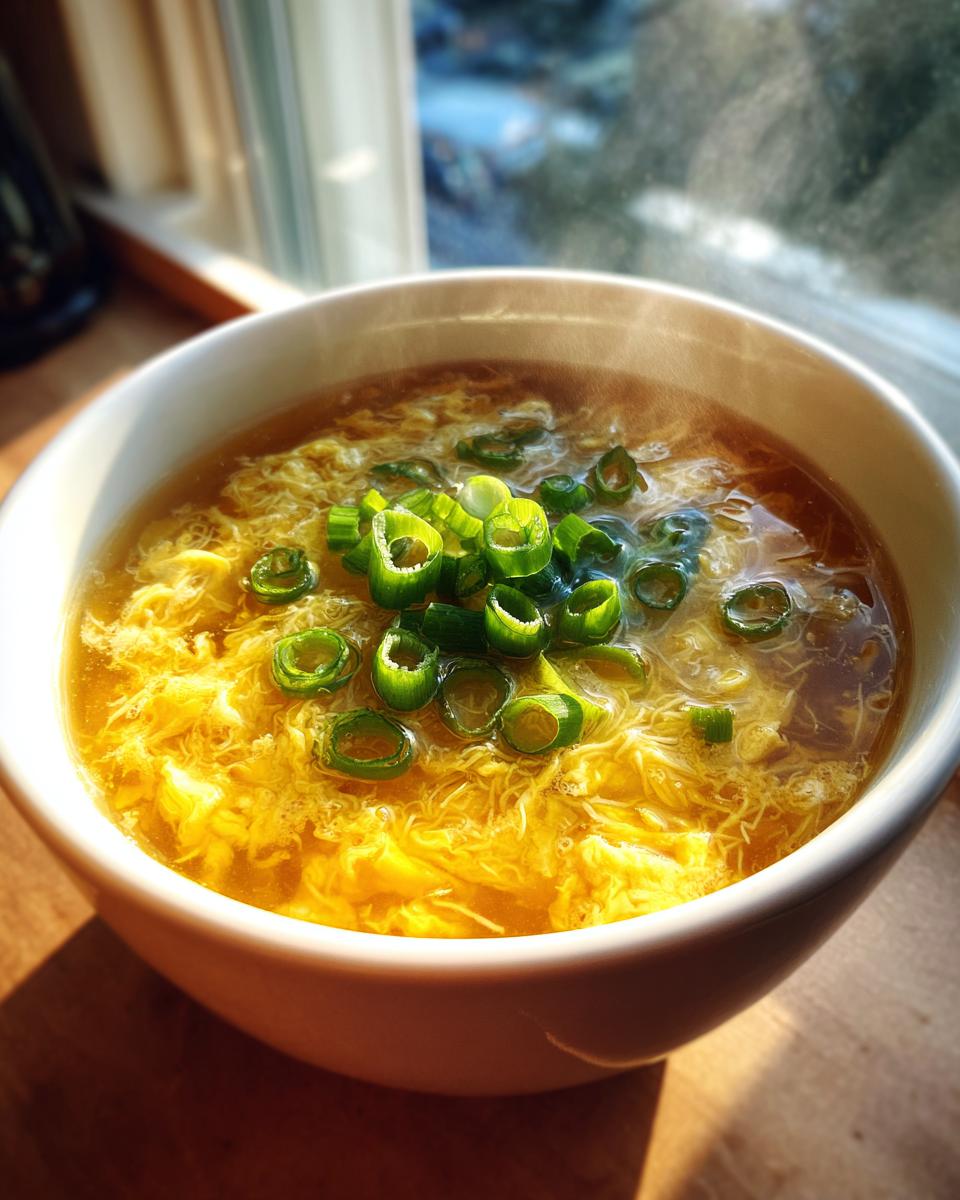 Close-up of a steaming white bowl filled with flavorful egg drop soup, garnished with bright green scallions.