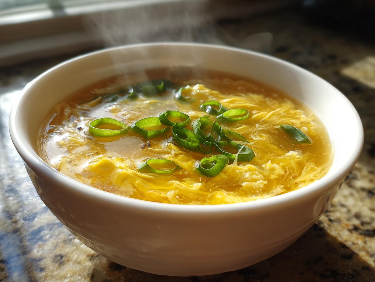 A white bowl filled with hot, steaming egg drop soup, garnished with fresh green scallions.