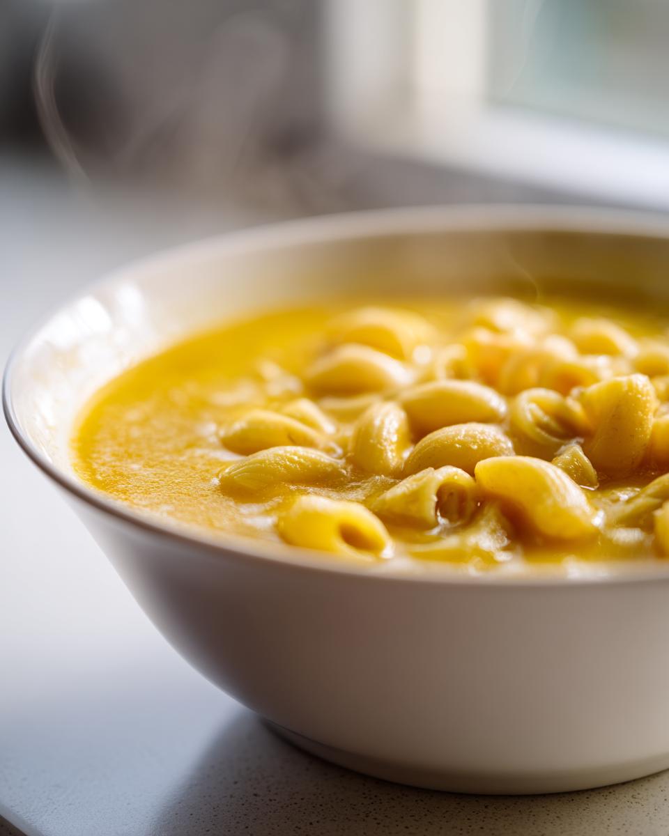 Close-up of a steaming white bowl filled with rich, yellow Italian penicillin soup featuring elbow macaroni pasta.
