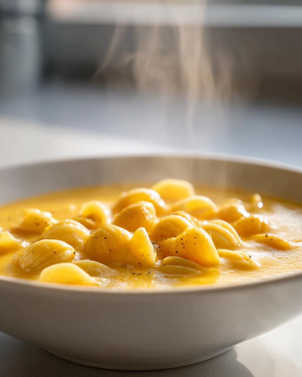 Close-up of a steaming white bowl filled with creamy, yellow italian penicillin soup featuring small pasta shells and black pepper.