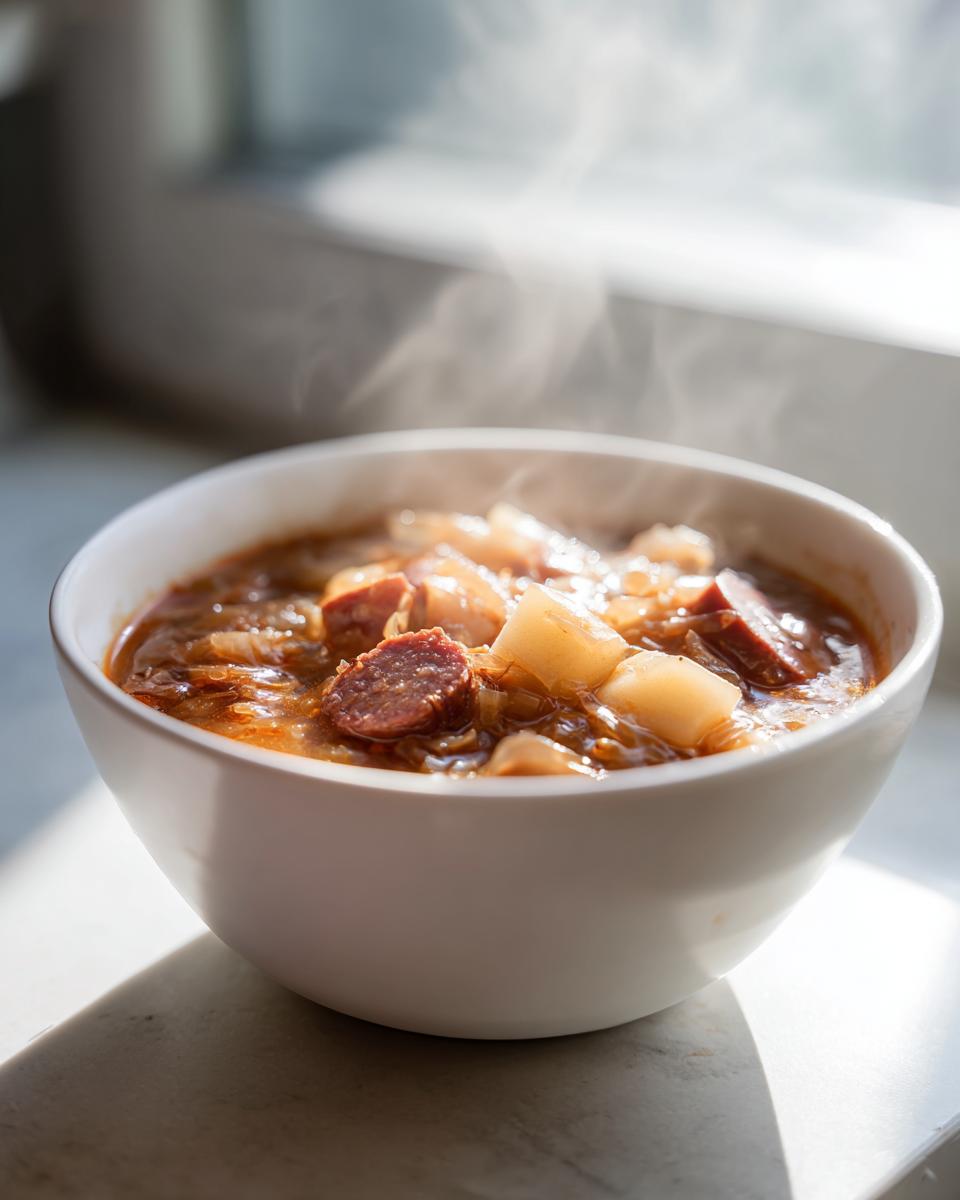 A steaming white bowl filled with hearty sauerkraut soup featuring chunks of sausage and potatoes, backlit by sunlight.