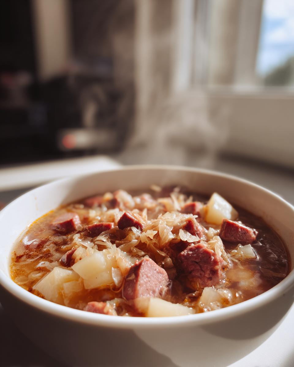 Close-up of a steaming white bowl filled with hearty sauerkraut soup featuring chunks of sausage and potatoes.