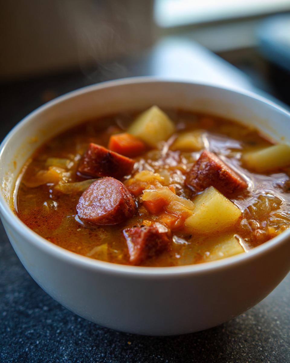 Close-up of a steaming white bowl filled with hearty sauerkraut soup, featuring chunks of sausage and potatoes.