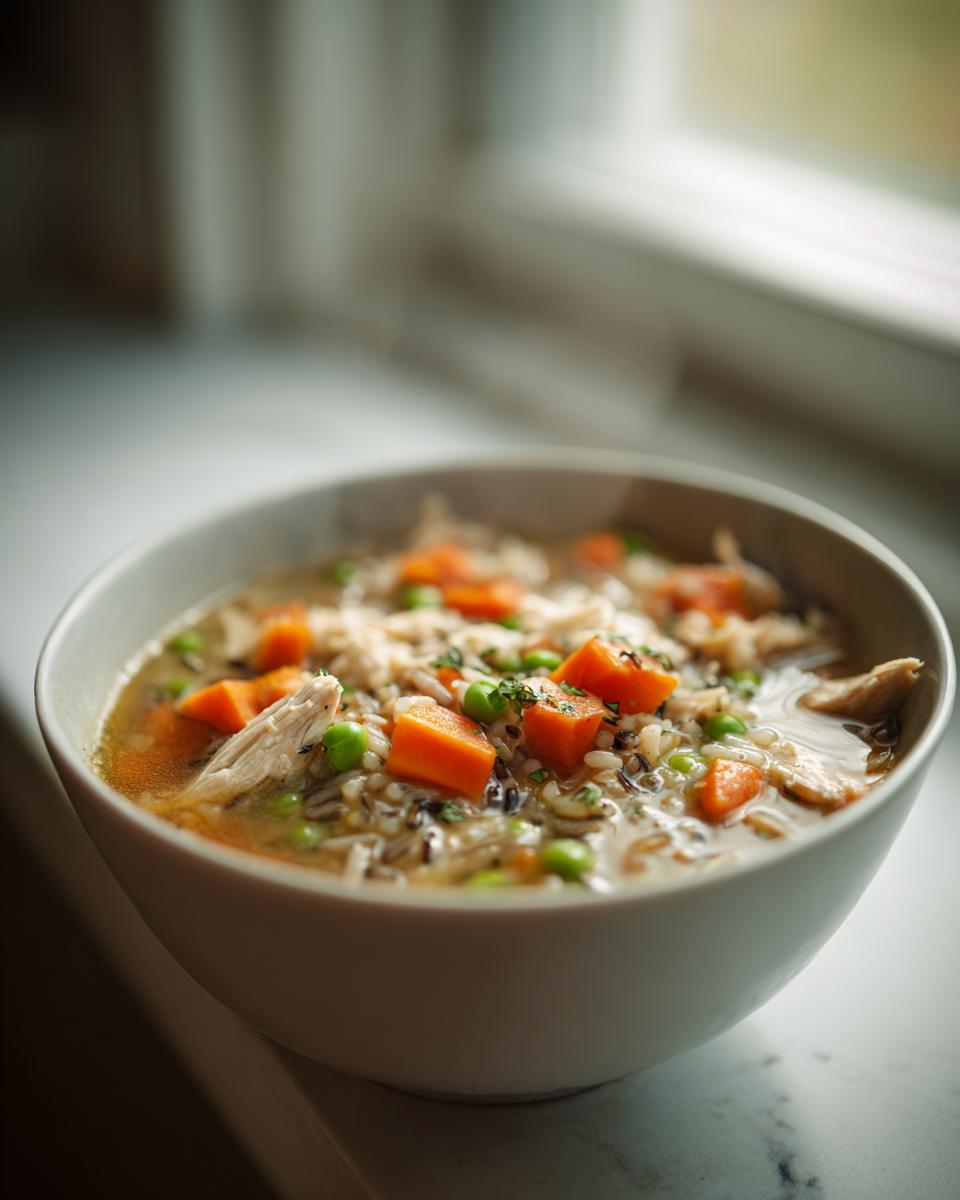 Close-up of a steaming bowl of hearty turkey soup featuring shredded turkey, wild rice, bright orange carrots, and green peas.