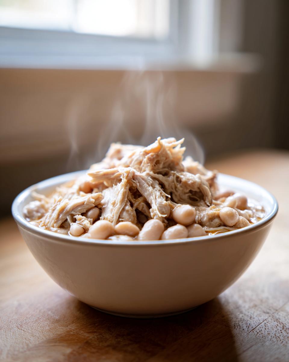 Close-up of a steaming white bowl filled with shredded chicken and white beans, representing the chicken chili recipe.