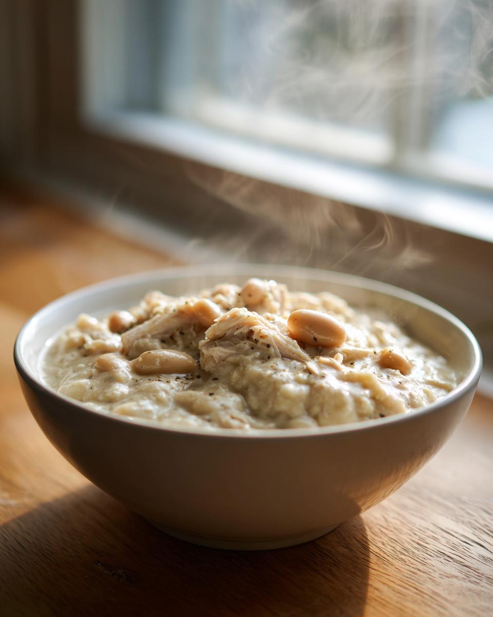 A steaming bowl of creamy white chicken chili, featuring shredded chicken and white beans, set on a wooden surface near a window.