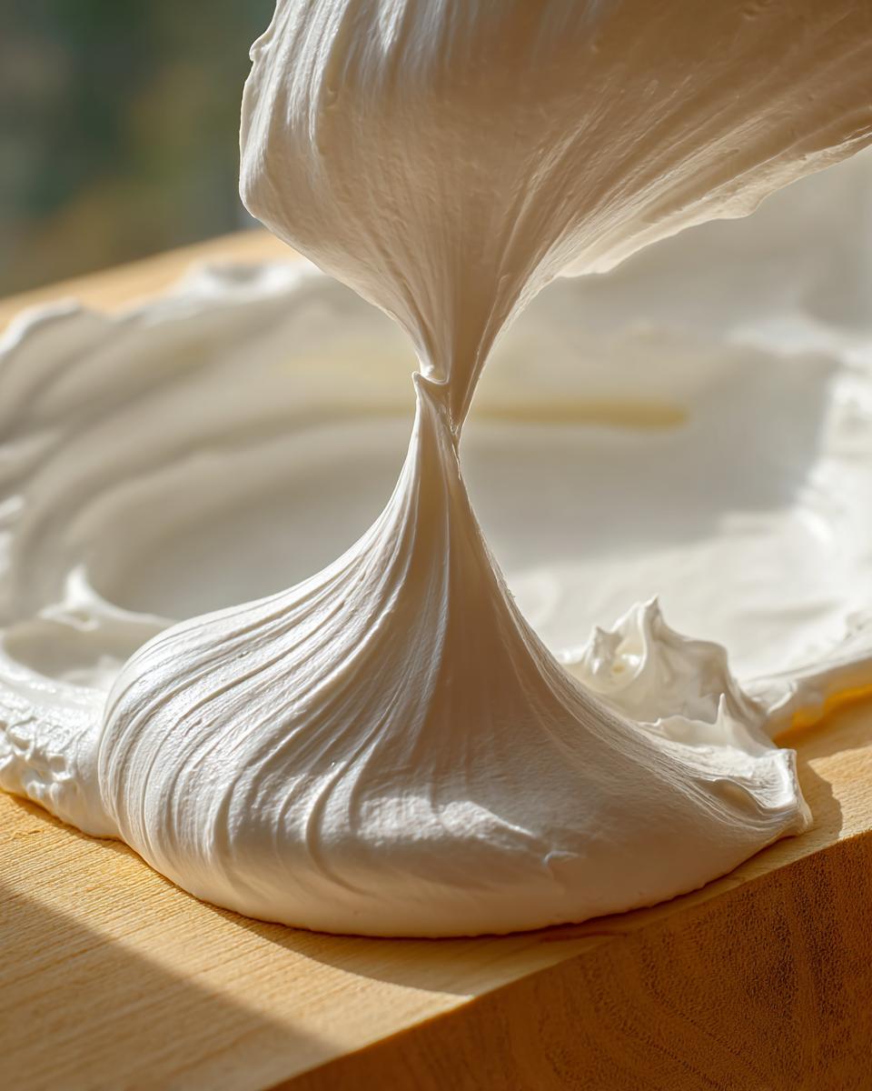 Close-up of thick, white royal icing forming stiff peaks, perfect for gingerbread house icing.
