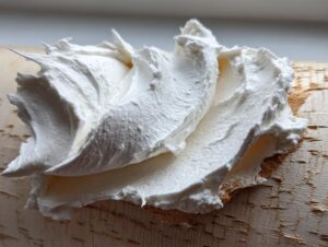 Close-up of stiff, white gingerbread house icing piped or spread onto a light wooden surface.