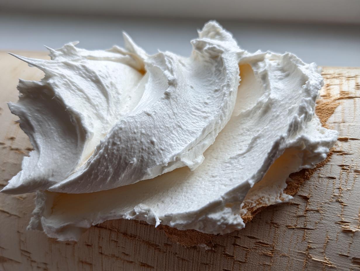 Close-up of stiff, white gingerbread house icing piped or spread onto a light wooden surface.