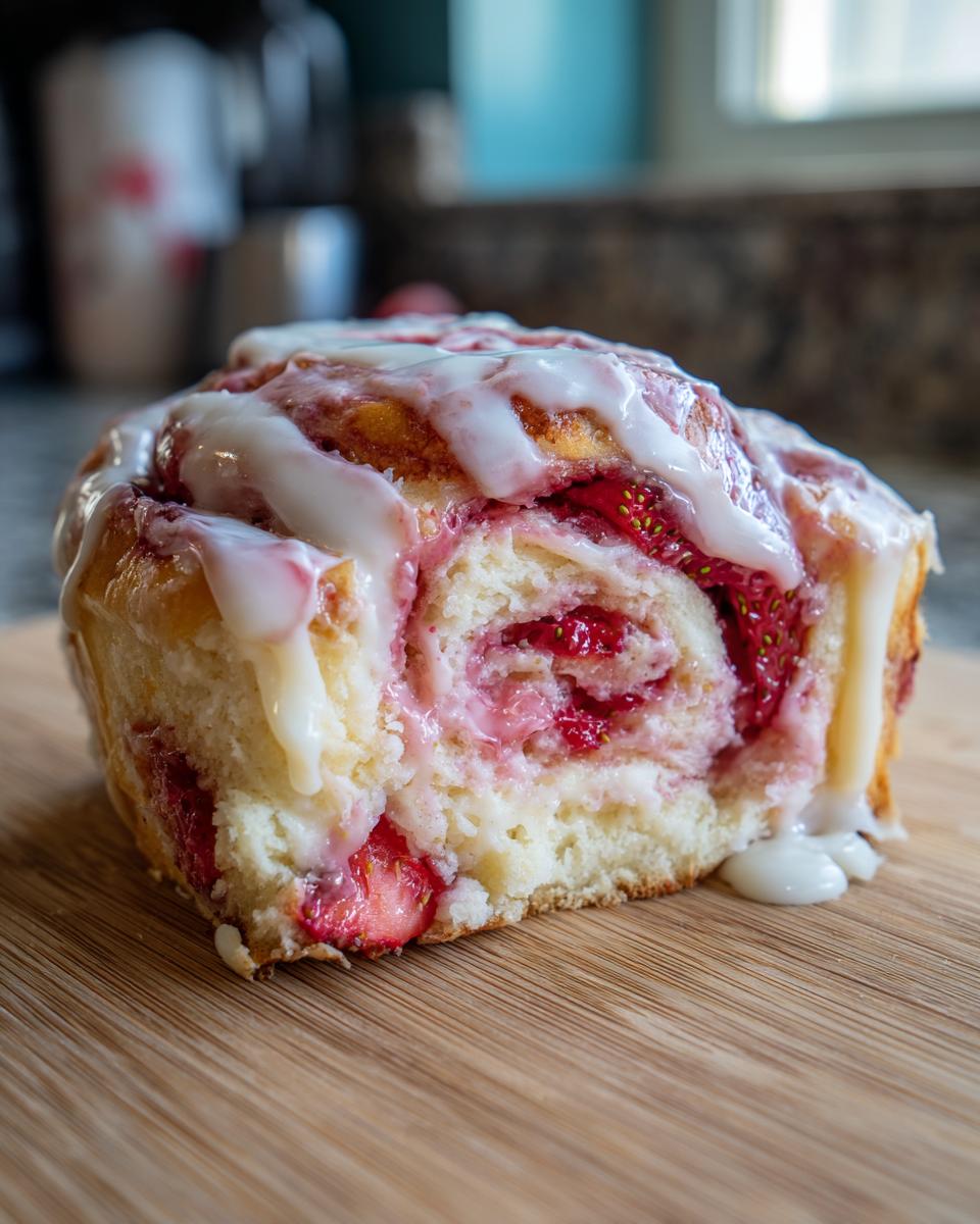 A close-up of a single, sliced Strawberry Cheesecake Sweet Rolls showing the swirl of strawberry filling and cream cheese icing.