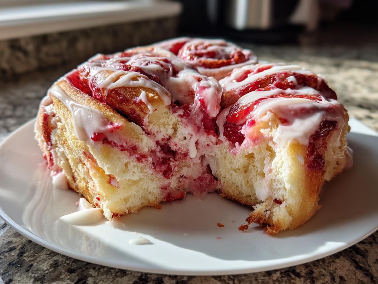 A cross-section view of soft Strawberry Cheesecake Sweet Rolls drizzled with white cream cheese icing.