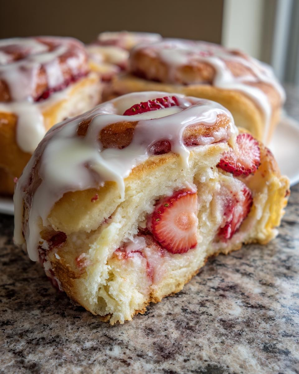 Close-up of a Strawberry Cheesecake Sweet Roll with a bite taken out, showing soft dough and fresh strawberry filling.