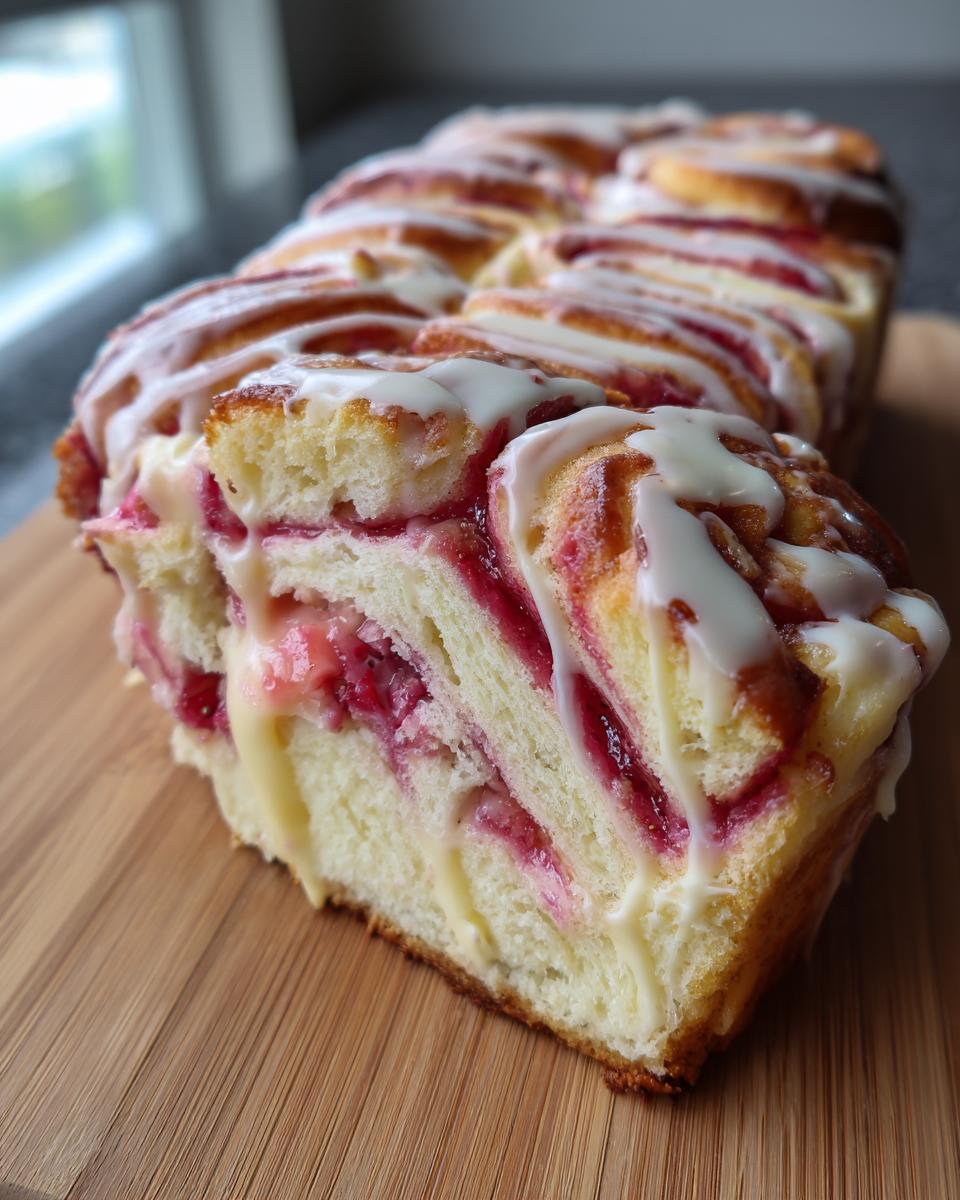 Close-up of a sliced loaf of Strawberry Cheesecake Sweet Rolls showing layers of pink filling and cream cheese frosting drizzle.