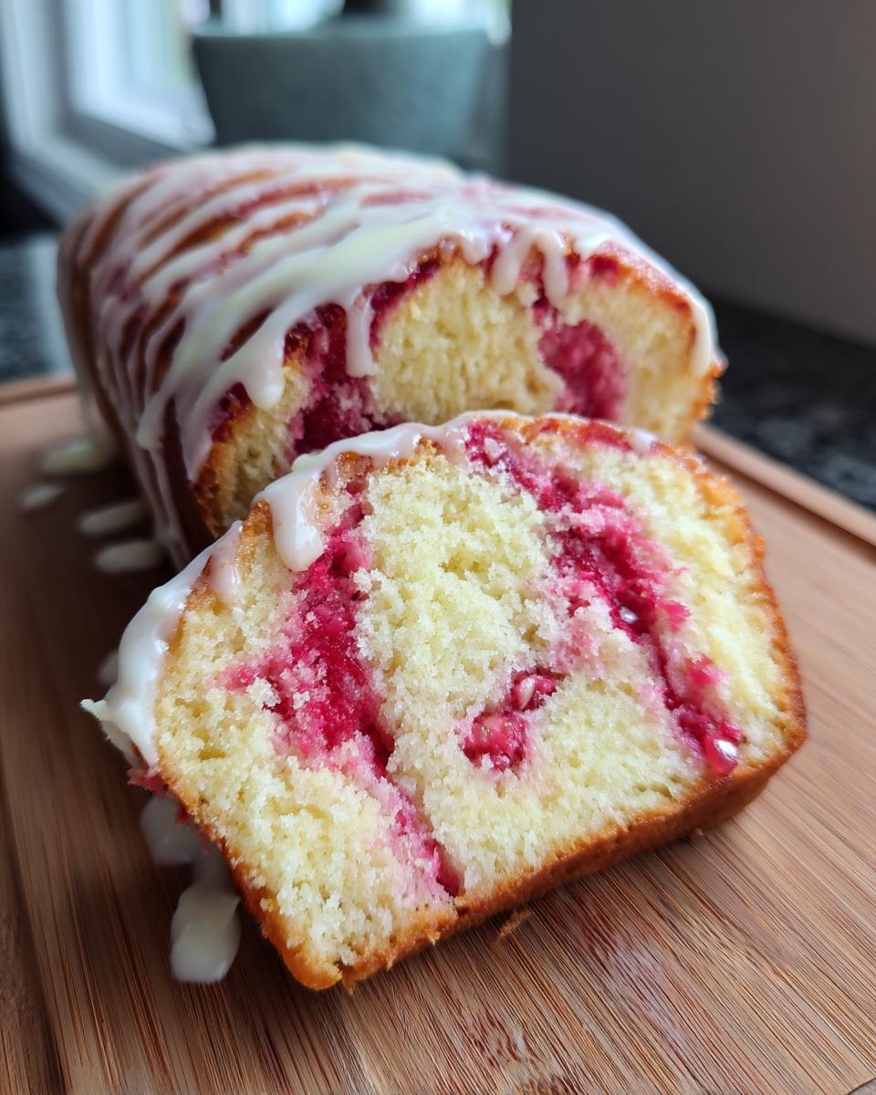 Close-up of a sliced loaf showing the bright pink swirl of strawberry filling inside the cake, topped with white icing, resembling Strawberry Cheesecake Sweet Rolls.