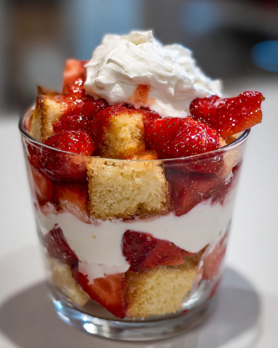 Close-up of a layered strawberry shortcake trifle in a glass with cake, macerated strawberries, and whipped cream.