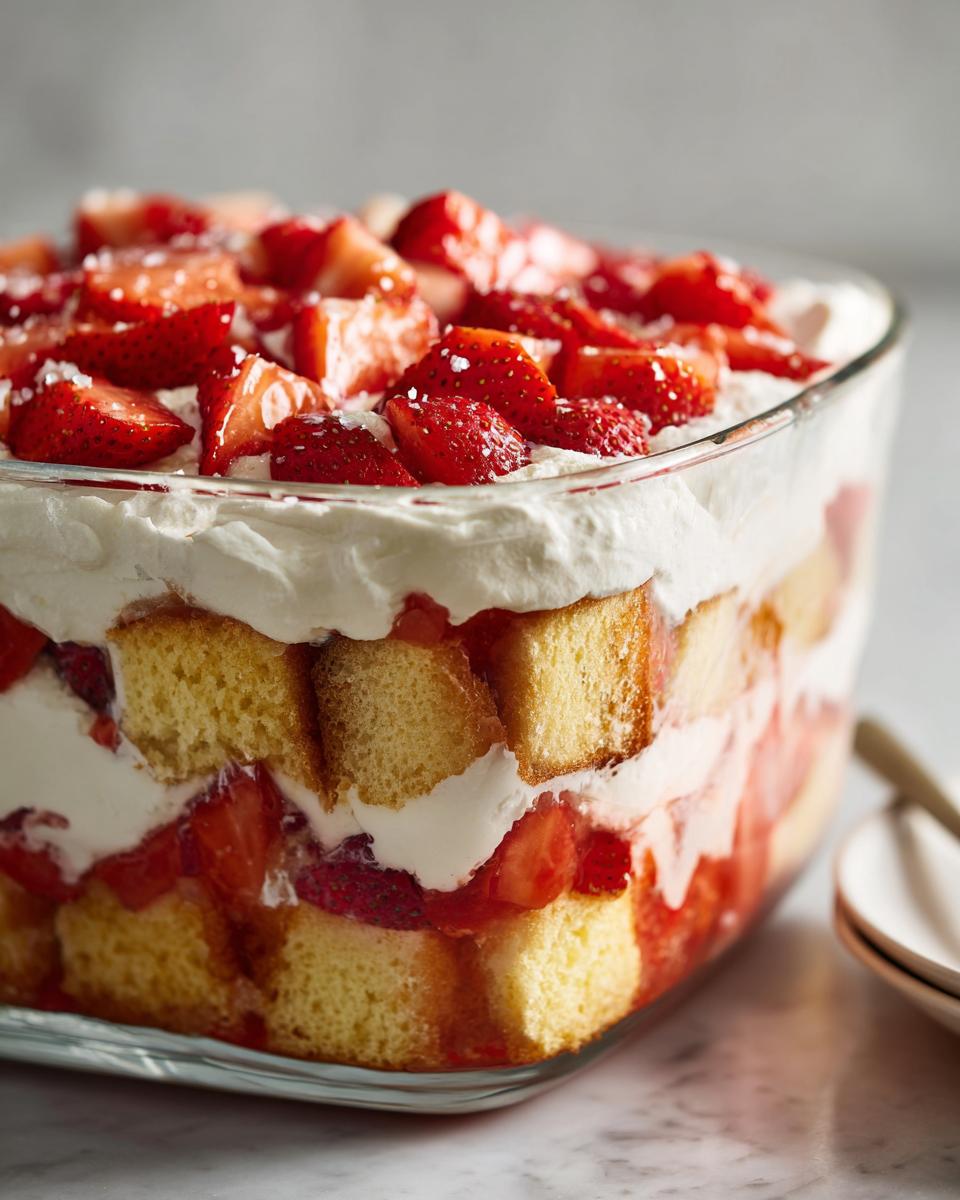 Close-up of a layered strawberry shortcake trifle featuring cake cubes, whipped cream, and fresh strawberries.