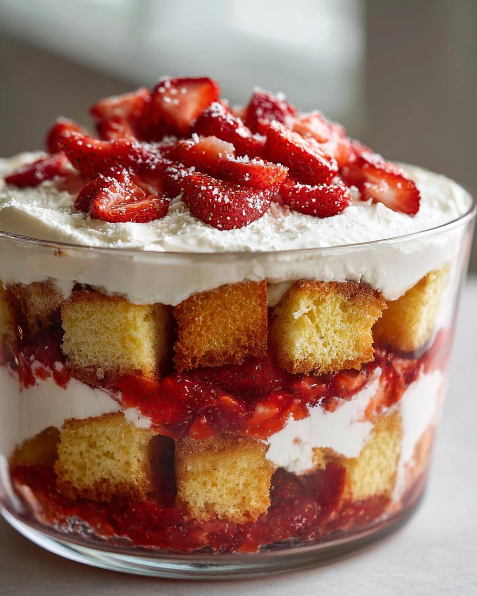 Close-up of a layered strawberry shortcake trifle featuring cake cubes, whipped cream, and macerated strawberries.