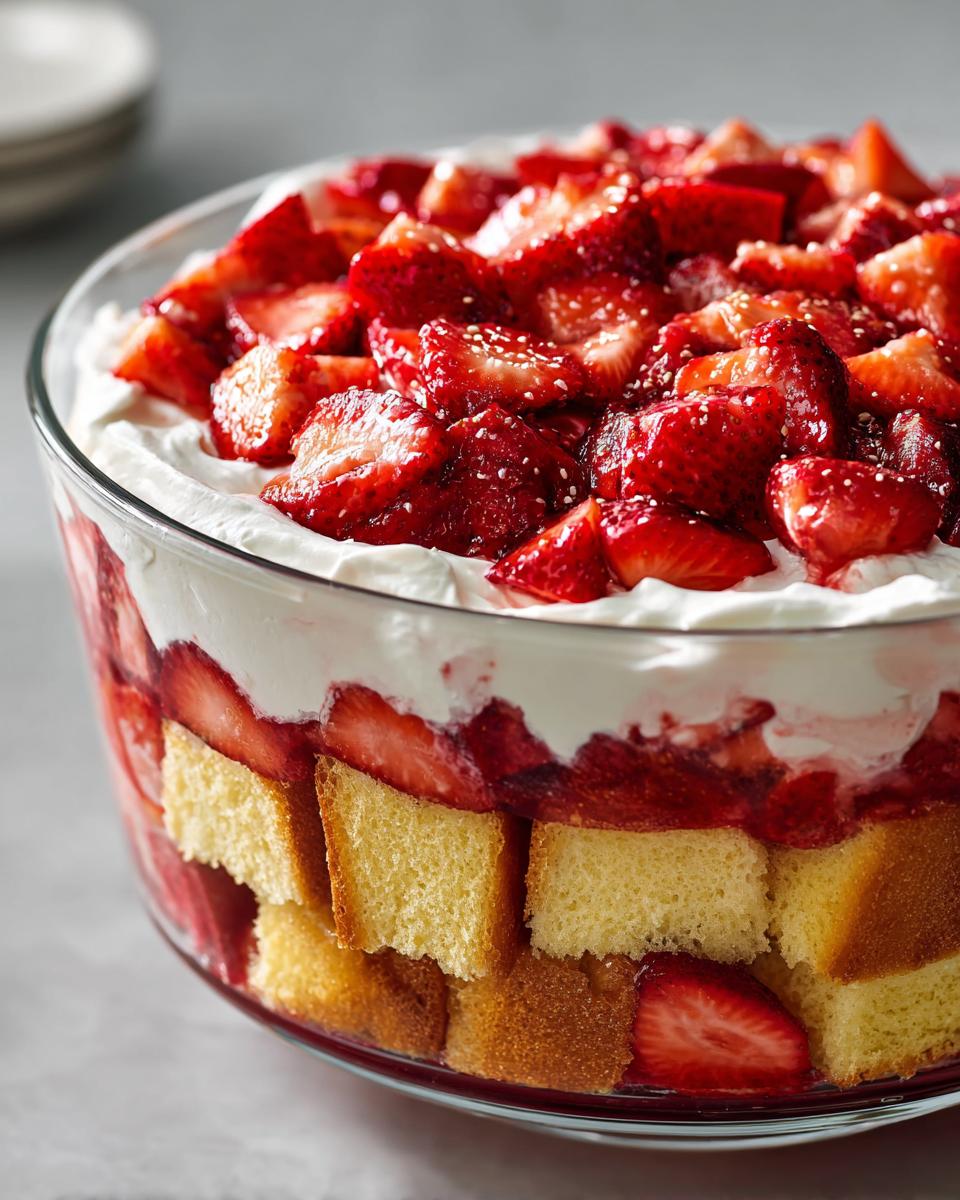 Close-up of a layered strawberry shortcake trifle featuring pound cake cubes, whipped cream, and macerated strawberries.