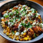 A close-up of a delicious street corn chicken rice bowl topped with charred chicken, corn, cotija cheese, crema, and cilantro.