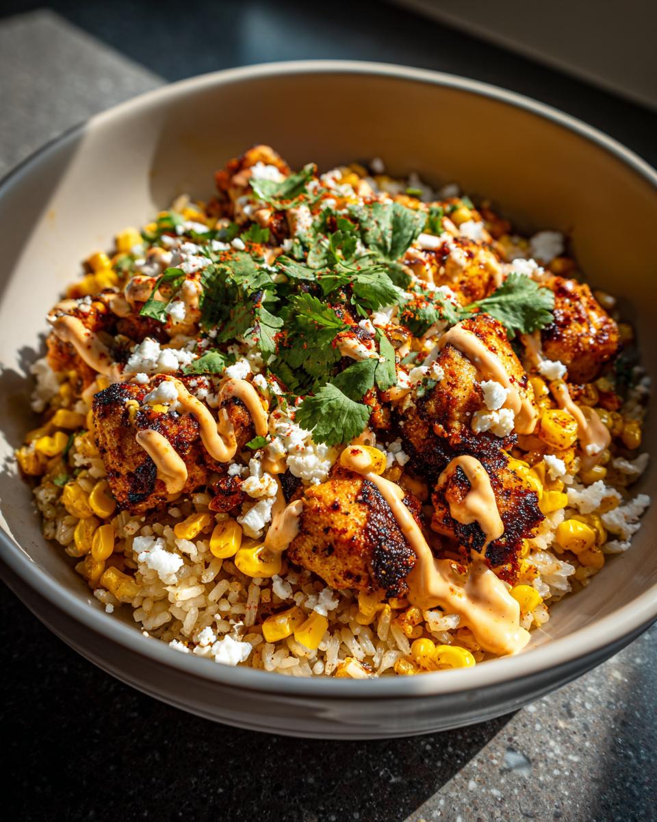 A close-up of a street corn chicken rice bowl featuring seasoned chicken, corn, cotija cheese, and a creamy drizzle.