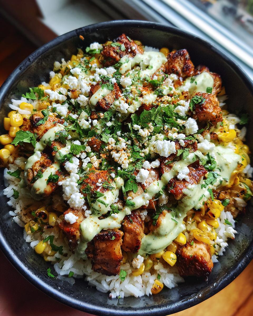 Close-up of a street corn chicken rice bowl featuring seasoned chicken, white rice, charred corn, cotija cheese, and a creamy green sauce.