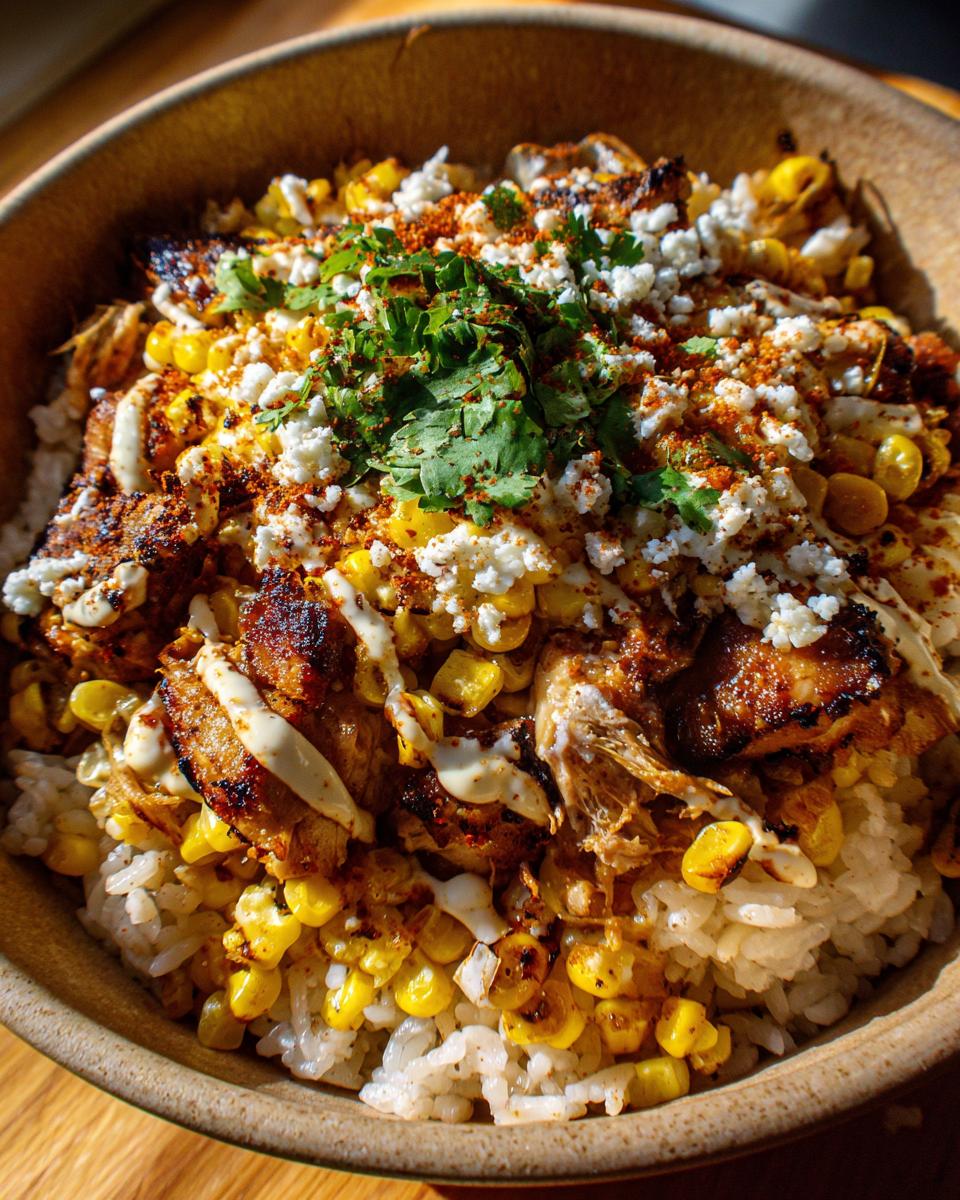 Close-up of a vibrant street corn chicken rice bowl topped with charred chicken, corn, cotija cheese, cilantro, and crema.