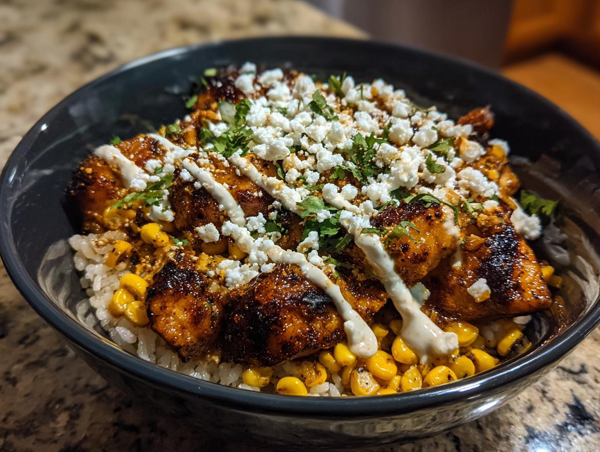 A close-up of a street corn chicken rice bowl topped with charred chicken, roasted corn, cotija cheese, and crema.