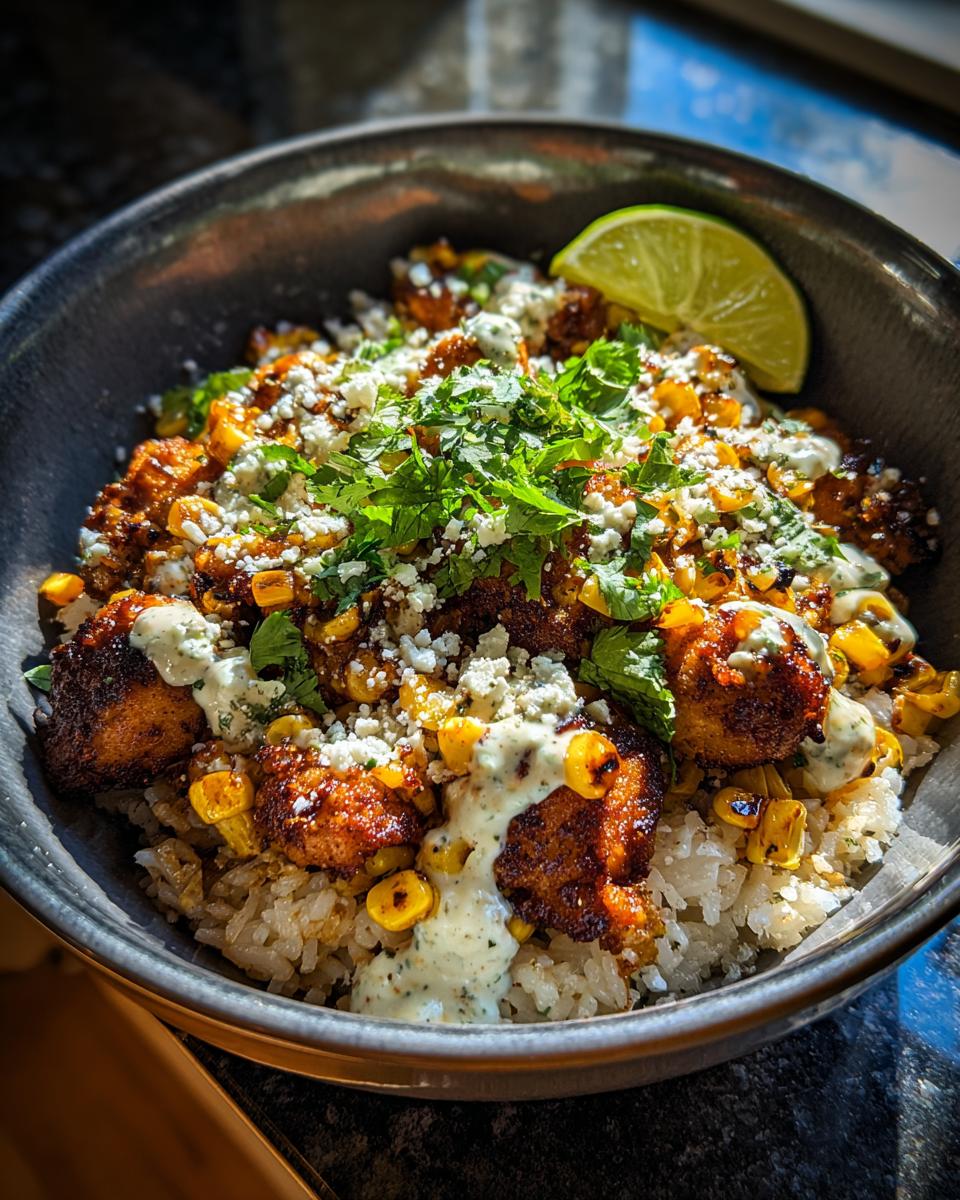 A vibrant street corn chicken rice bowl topped with cotija cheese, cilantro, crema, and a lime wedge.