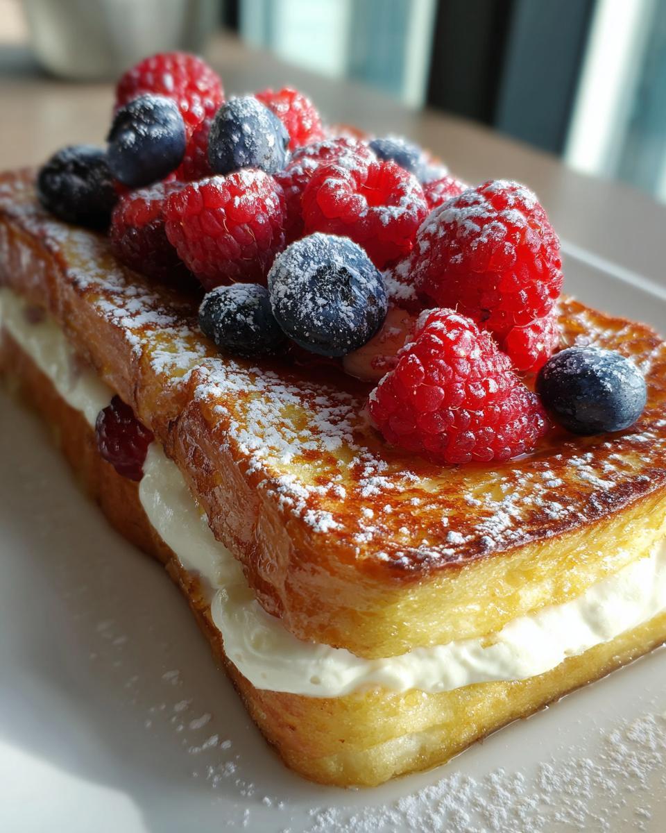 Close-up of thick stuffed french toast layered with cream cheese and topped with fresh raspberries and blueberries.