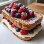 Close-up of thick stuffed french toast layered with cream cheese filling and topped with fresh mixed berries and powdered sugar.
