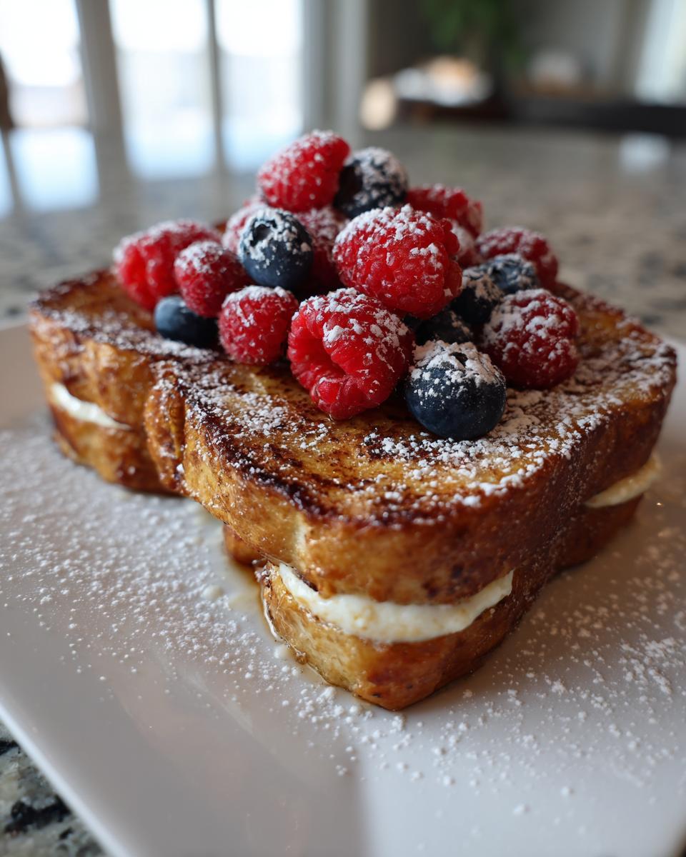 Close-up of cream cheese stuffed french toast topped high with fresh raspberries, blueberries, and powdered sugar.