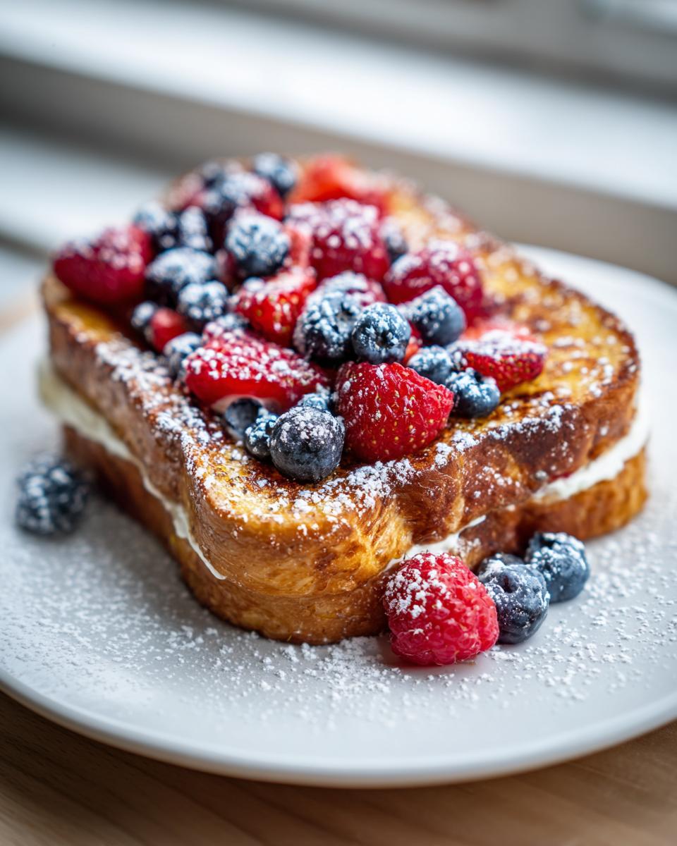 A thick slice of golden brown stuffed french toast layered with cream cheese and topped with fresh strawberries, blueberries, and powdered sugar.