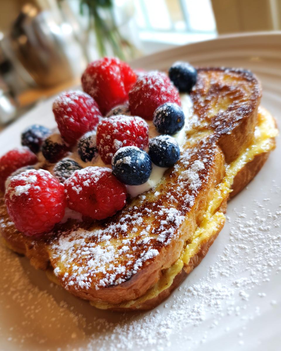 A close-up of delicious stuffed french toast topped with fresh raspberries, blueberries, and powdered sugar.